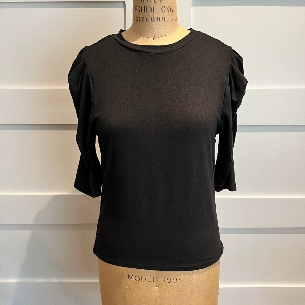 Black Jersey Top, Puffed 3/4 Length Sleeves, Size L